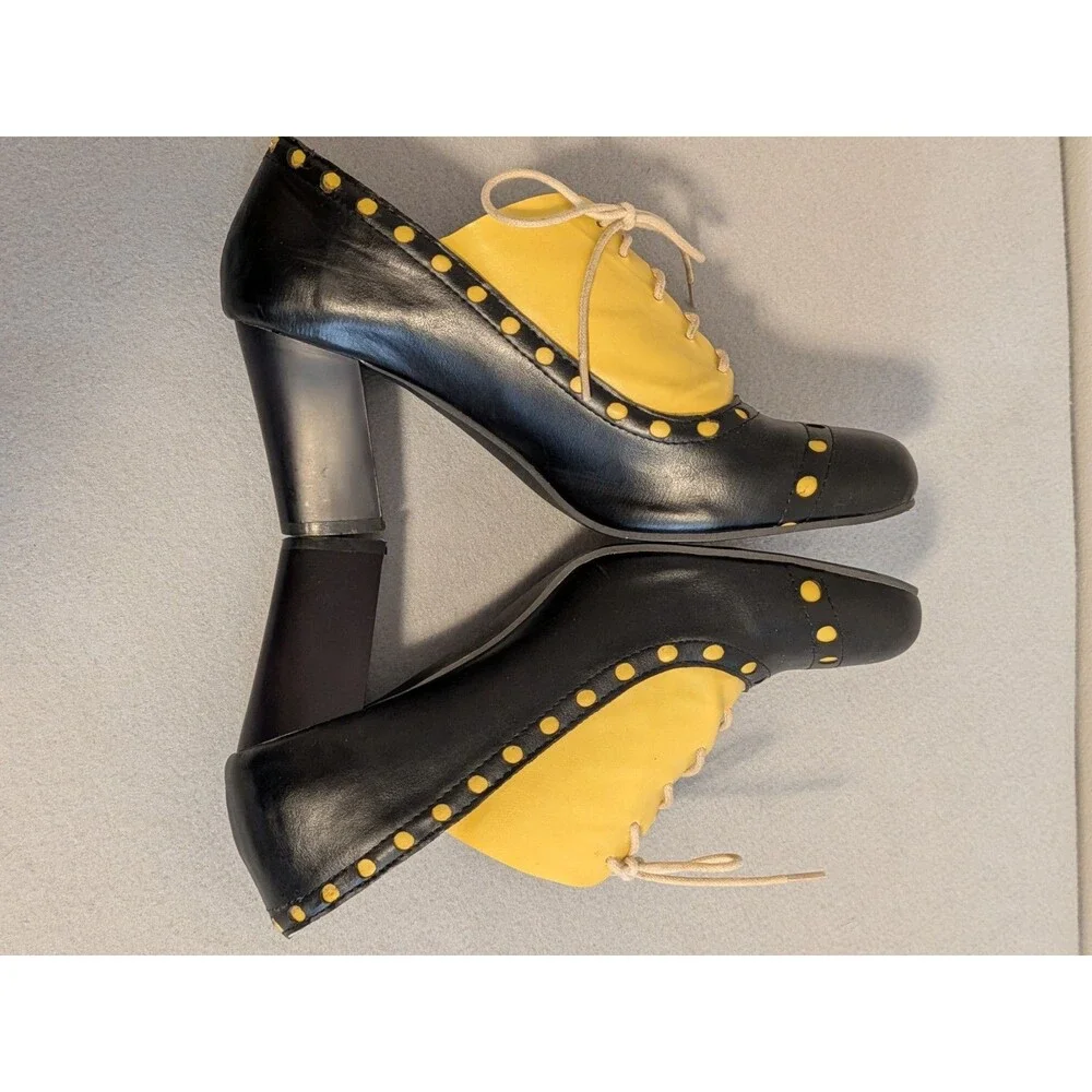 Vintage Style Black Yellow Oxford Brogue Pumps Artsy Spectator Heels EU 43